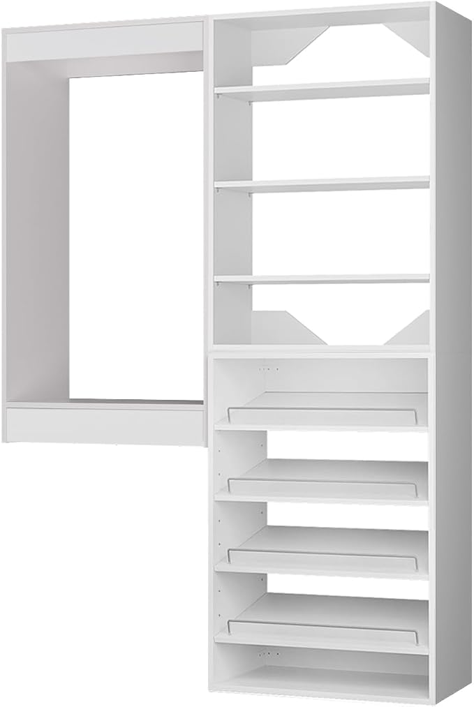 ROOMTEC Modular Closet System, 49" Wall Mounted Closet Organizer with Hanging Rods and Shoe Shelf, Wooden Tower for Walk-In Closets, Wardrobe Storage Kit, White