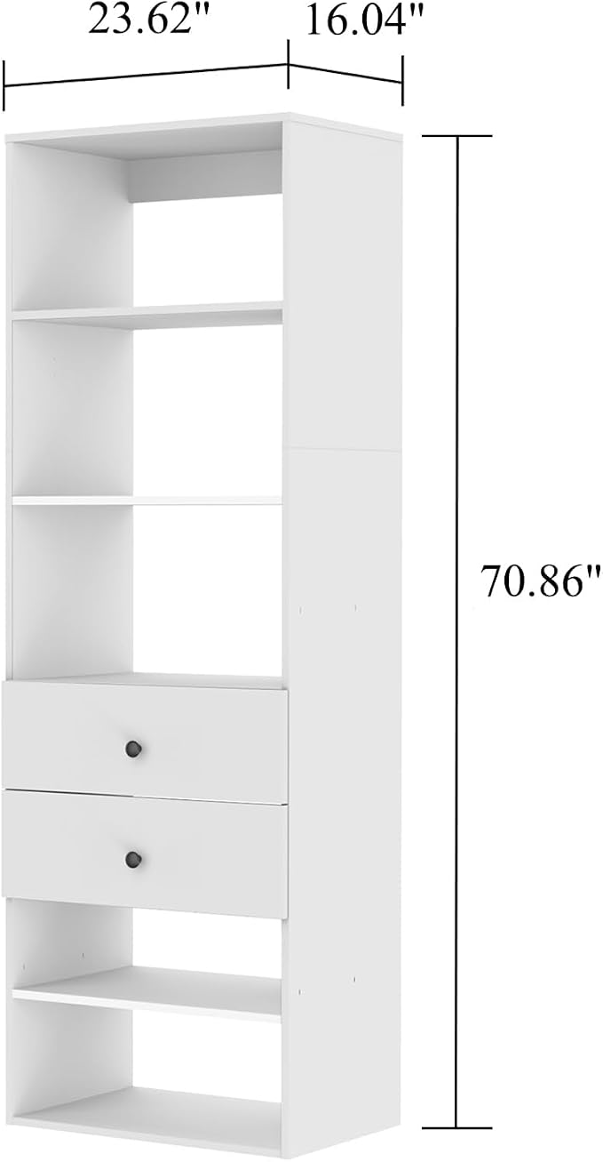 GraceGrove 71" High Modular Wooden Closet Organizer System with 3 Shelves &2 Drawers, Wall Mount Shelving with Storages, Walk in Closet Bedroom Organization,Closet Organizers and Storage, White
