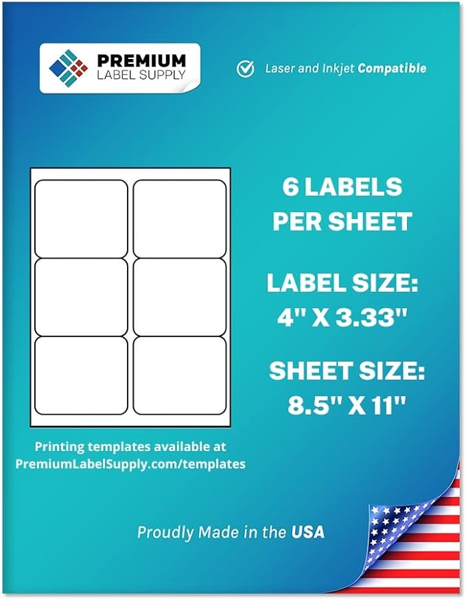 Premium Label Supply White Sticker FBA Labels – 4" x 3.33" – Laser/Inkjet Compatible – (6 per Sheet), 1000 Sheets - 6,000 Total Adhesive Labels