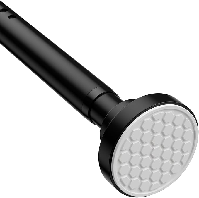 MEXAU Black Tension Curtain Rod 40-113 Inch Long Tension Rod 1.26" Spring Tension Curtain Rod Adjustable Curtain Rods No Drilling Tension Shower Rod Curtain Tension Rod for Bathroom Windows Doorways