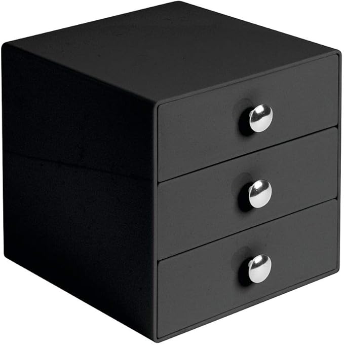 iDesign 35360 3-Drawer Plastic Vanity Organizer, Compact Storage Organization Set for Cosmetics, Dental Supplies, Hair Care, Bathroom, Dorm, Desk, Countertop, Office, 6.5" x 6.5" x 6.5", Black | BPA-Free Plastic