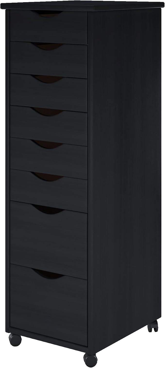 Jela-USA Solid Pine Wood 8 Drawer Rolling Cart, Black