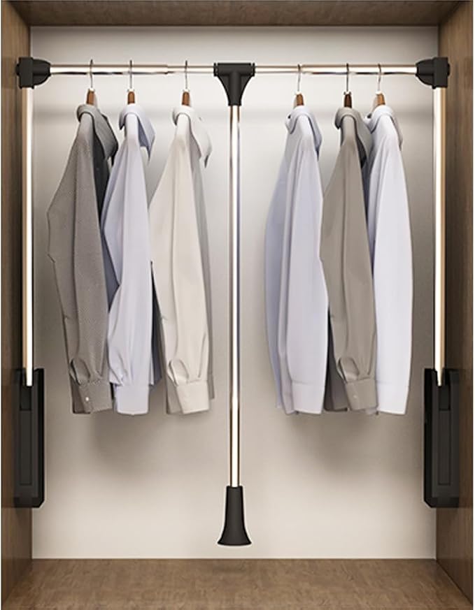 Pull Down Closet Rod, Stainless Steel Adjustable 35-46.5 Inches | 60 lbs Capacity, Side & Back Mounted Soft-Close Two-way Buffering Closet Clothes Rod Wardrobe Lift Rail for Hanging Clothes