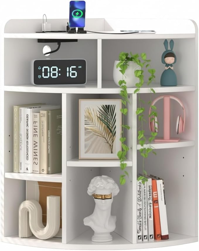 VECELO Corner Cube Shelf with USB Ports & Outlets, Modern Corner Toy Storage Rack with Adjustable Shlef, Wooden Display Bookshelf Bookcase for Living Room, Bedroom, Dining Room, Kitchen, White