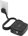 10 Ft Surge Protector Power Strip - YISHU 8 Widely Outlets with 4 USB Ports, 3 Side Outlet Extender with 10 Feet Flat Extension Cord, Ultra Flat Plug, Wall Mount, Desk USB Charging Station, ETL, Black