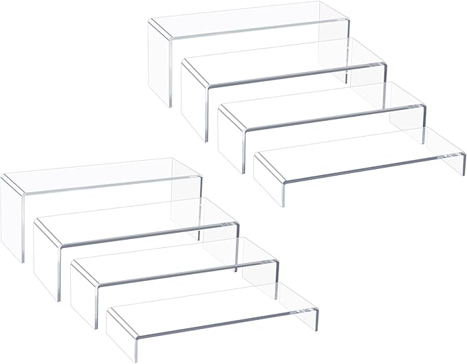 Acrylic Display Riser Stand, 12" 8Pc 5mm Tiered Shelf Risers for Cupcake | Clear multi-size plastic steps rack matching perfume, jewelry, pop collectibles. Stackable food buffet table setup