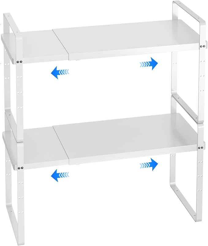 Expandable Cabinet Shelf Organizer, Stackable Kitchen Pantry Counter Storage, Adjustable Closet Cupboard Stand Rack Risers Spice Organization 80LBS Heavy Duty White 2 Pack