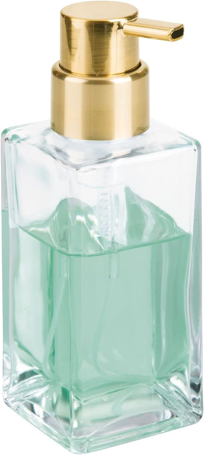 mDesign Glass Refillable Foaming Hand Soap Dispenser Modern Square Pump Bottle for Bathroom Vanities or Kitchen Sink, Countertops - 2 Pack - Clear/Soft Brass