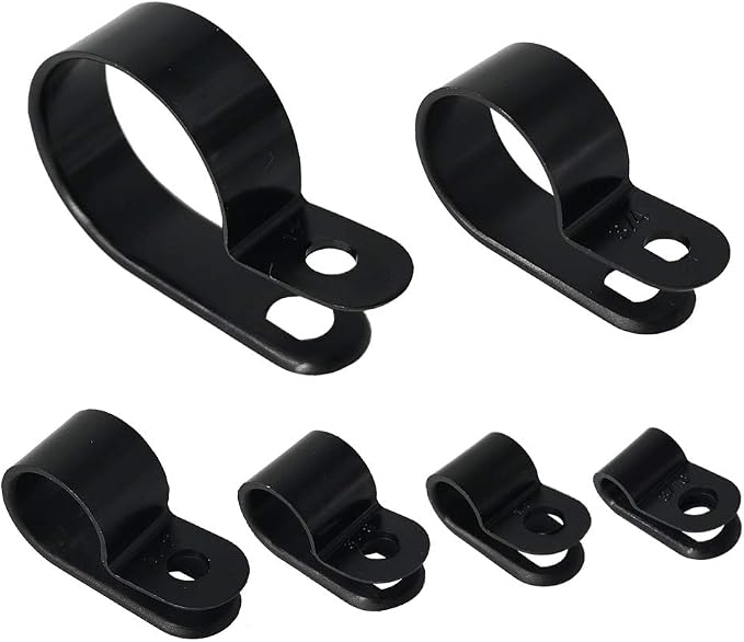 Cable Clamp 200 Pcs Black Nylon Screws Plastic R-Type Cable Clamp Clips Fasteners Assortment for Cable Conduit 6 Sizes 3/16" to 1"