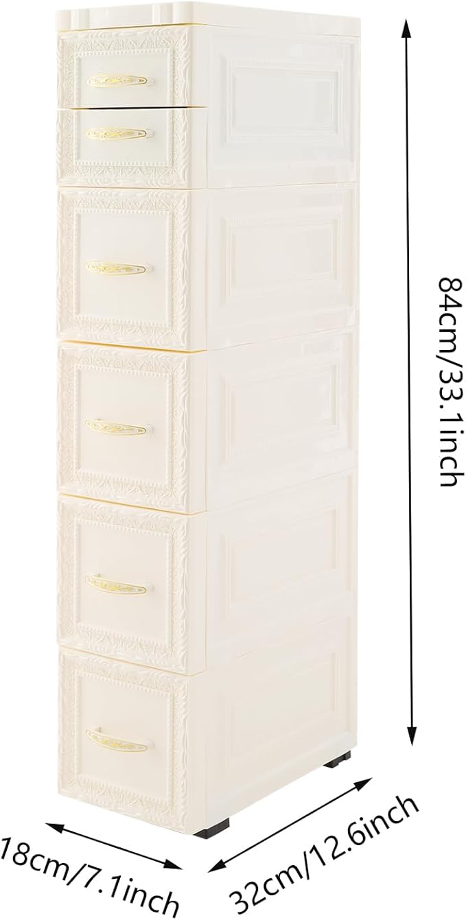 Storage Cabinet, 6 Drawers Narrow Plastic Organizer Cabinet with Wheels, Vertical Drawer Storage Unit, Mobile Slim Utility Furniture for Office, Living Room, Bedroom, Garage (White)