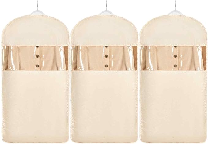 Space Saving Hanging Garment Bag with Self Compression Zipper，Dust Cover Clothes Bags for Down Coat,Dress,Suit，Closet Storage Organizer for Home Travel Use (Beige, L)