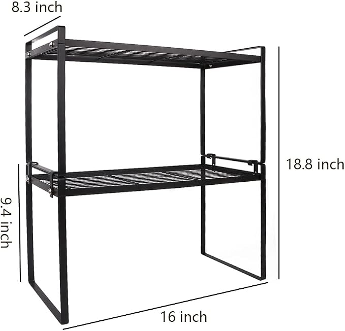 2 Pack Stackable Cabinet Shelf Organizer - Heavy-Duty Coated Metal Storage Rack, Non-Slip Space-Saving for Kitchen Pantry, Under Sink, Cupboard, Countertop (Black)