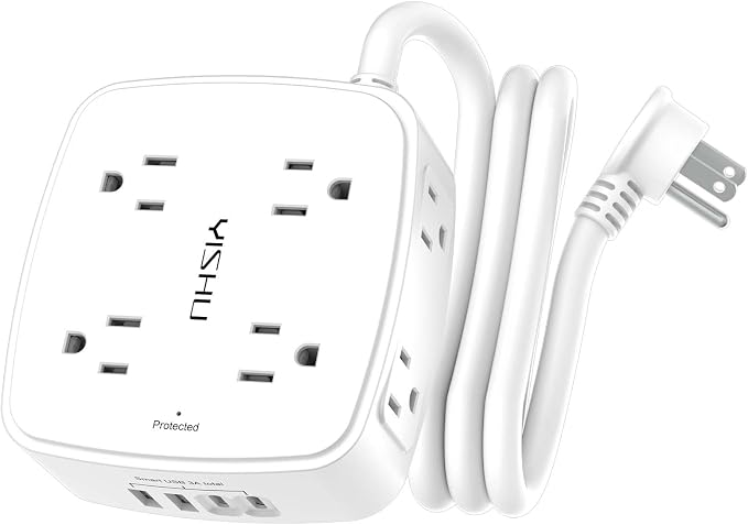 5Ft Surge Protector Power Strip - 8 Widely Outlets with 4 USB Ports, 3 Side Outlet Extender with 5 Feet Extension Cord, Flat Plug, Wall Mount, Desk USB Charging Station, ETL,White
