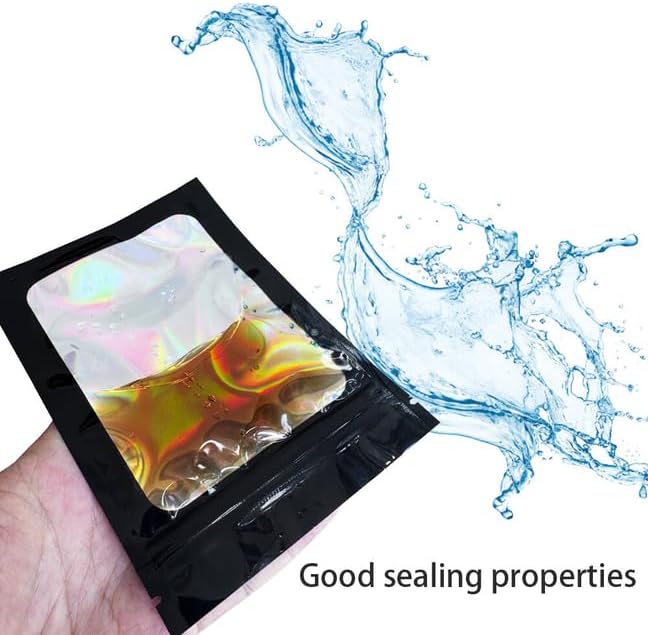 100 Pack Mylar Holographic Packaging Bags Resealable Candy Bags with Clear Window Foil Pouch Bag for Lipgloss, Jewelry, Sample Bag for Small Business (Black, 2.4x3.9 Inch)