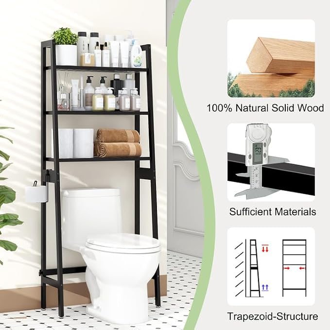 MallKing Over The Toilet Bathroom Organizer, Wooden 3-Tier Over-The-Toilet Storage Rack Bathroom Space Saver Organizer, Freestanding Above Toilet with Toilet Paper Holder and Hooks (Black)
