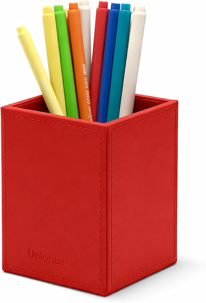 UnionBasic Square Pen Holder, Leather Pencil Cup, Desktop Caddy Stationery Organizer, Red