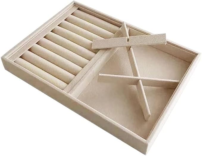 Premium Grade Beige Velvet Jewelry Organization Trays Rings and Accessory Stacklabe Organizer Drawer Insert Closet Divider Table Top