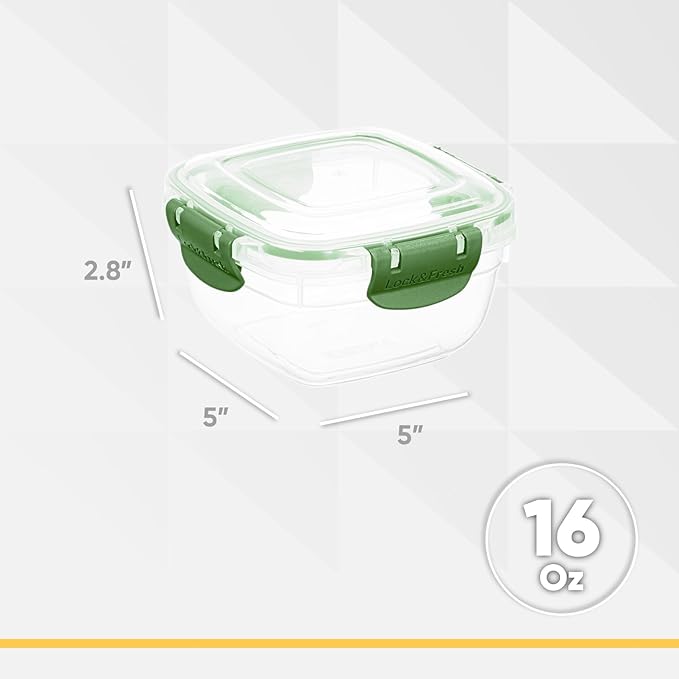 Superio Lock and Fresh Airtight Food Storage Containers with Lids for Kitchen Pantry Organization and Storage, BPA Free, Lunch, and Meal Prep Plastic Containers, 16 oz. Square Sealed Container, Green