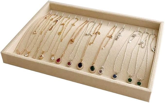 Premium Grade Beige Velvet Jewelry Organization Tray Necklace Watch Chain Bracelet Organizer Show Exhibit Home Drawer Divider Closet Insert