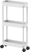 Sooyee 3 Tier Rolling Cart with Wheels, Slim Storage Cart, Under Desk Narrow Rolling Utility Cart Storage Organizer for Office Bathroom Kitchen Laundry Room Narrow Places, White, Plastic and Metal