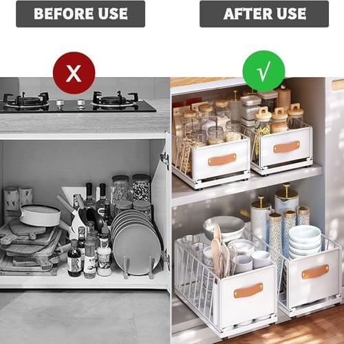 2 Pack Carbon Steel Slide Out Cabinet Organizer, Heavy Duty Pull-Out Pantry Shelves, Foldable Mesh Storage Baskets for Kitchen, Bathroom, Home, Wardrobe