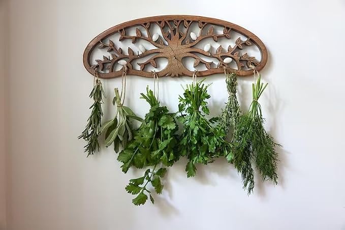Tnstbiee Rustic Herb Drying Rack Hanging - Artistic Life Tree Design for Kitchen Witches & Gardeners - Holds 11 Bouquets - Saving Space Herb & Flower Dryer - Gift for Crafters - Wall Art Décor