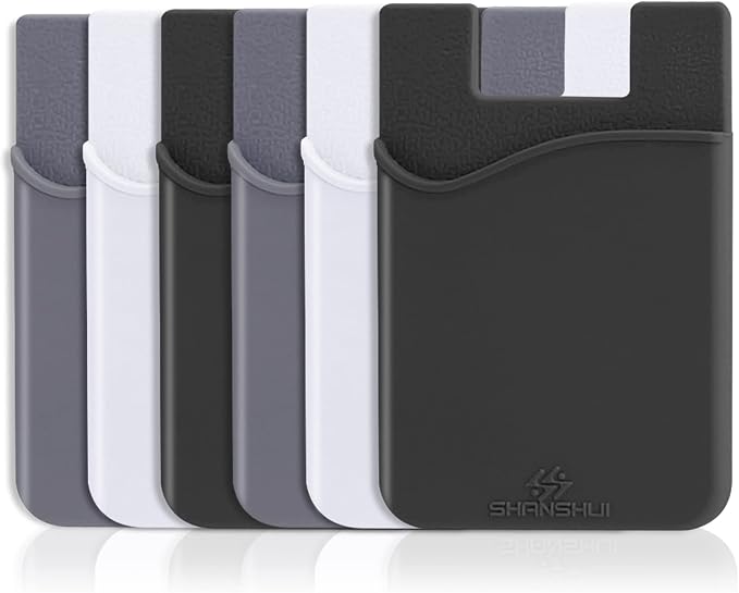 SHANSHUI Phone Card Holder, Phone Wallet Stick On Credit Card Holder Pocket Compatible for iPhone Android and Most Smartphones (Black White Grey / 6pcs)