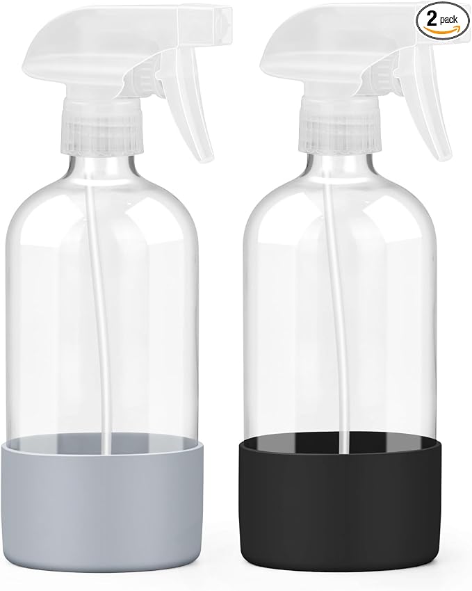 Worldgsb 2 Pack Glass Spray Bottles with Silicone Sleeve, 16 oz Empty Refillable Containers with Adjustable Spray Nozzles, Spray Bottles for Hair, Cleaning Solutions and Plants Black&Grey