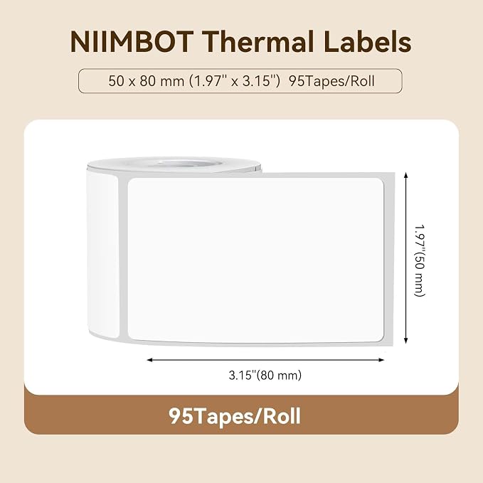 NIIMBOT Labels for B1/B21/B31 Label Maker, 50 x 80 mm (1.97'' x 3.15'') 95 Tapes/Roll, Thermal Label Tape, Waterproof, Oil-Proof for Home Office Small Business Labeling Tape Replacement(White)