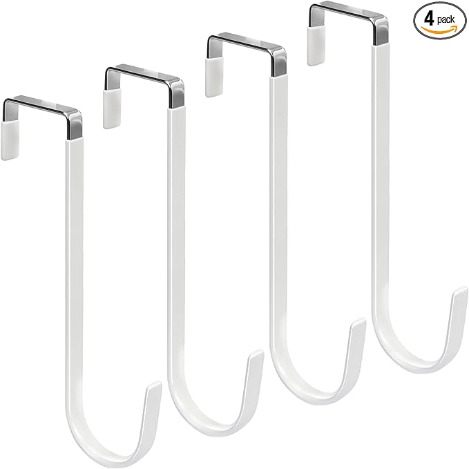 FYY Over the Door Hooks, Single-Hanger 4 Pack, Fits Doors 1.6" White | Heavy Duty Metal, Hold 20lbs, Rubber-Coated, No-Drilling, for Bathroom Dorm, Hanging Towels Clothes Hats Bags Coats Wreaths