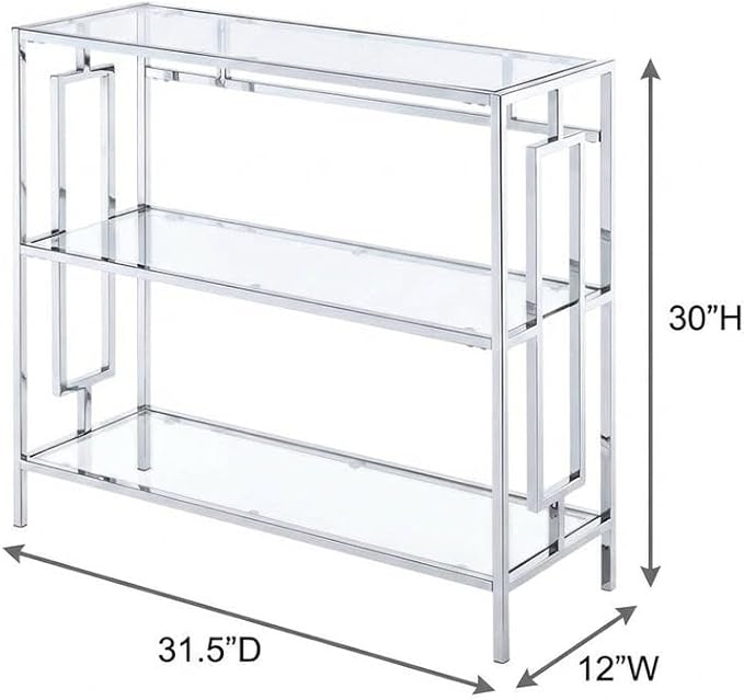 Furnifact Chrome 3-Tier Bookcase with Stylish Glam Design, Clear Glass Shelves, Durable Chrome Frame, Suitable for Modern Home Decor