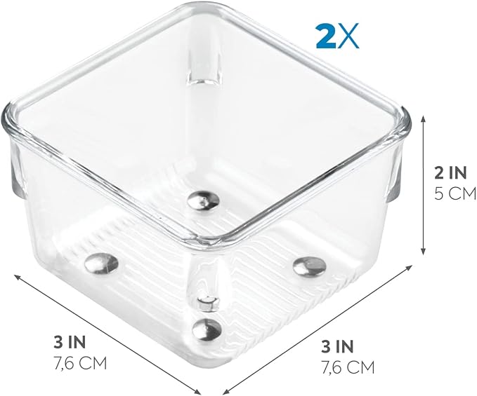 iDesign Linus Plastic Drawer Organizer, 3" x 3" x 2", Set of 2, Clear | Storage Container, For Vanity, Bathroom, Kitchen Drawers