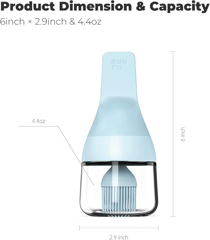 Zuutii Oil Dispenser with Silicone Brush for Cooking, Glass Oil Bottle with Heat Resistant Basting Brushes for Baking, Food Brush for Grilling, Butter, BBQ Sauce， Dishwasher Safe,4.4oz,Blue