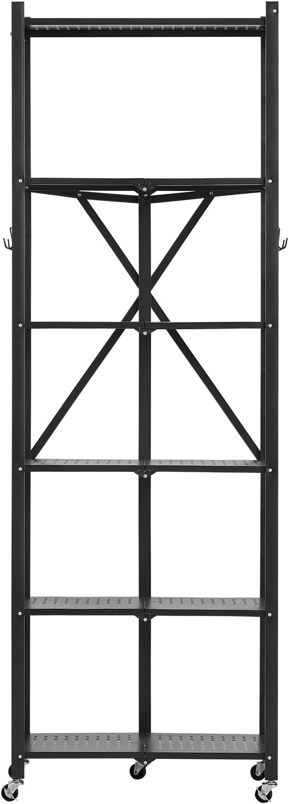 VEVOR 6-Tier Foldable Storage Shelf, 24W x 12D x 72H Inch Folding Metal Rack Shelving Unit, No Assembly Organizer Shelf with 5 Wheels & 4 Hooks for Pantry, Kitchen, Garage, Basement, Black