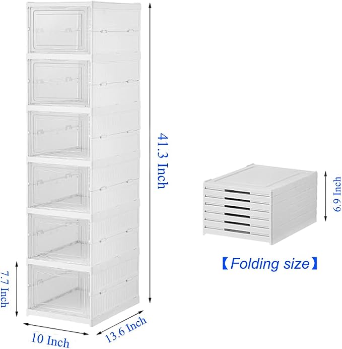 6-Tier Shoe Rack Shoe Storage Box Bins Clear Collapsible Plastic Installation-Free Stackable Foldable Tote with Lids Organizing Dustproof