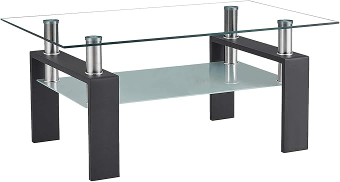 Meihua Rectangle Glass Coffee Table 2-Tier Tea Table Modern Center Coffee Table for Living Room