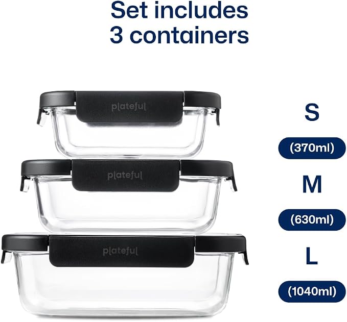 Plateful Glass Vacuum Seal Containers For Food Storage (3-pack) - Reusable Sealed Vacuum Container, Borosilicate Glass to Keep Food Fresh Longer, Works For Meal Prep