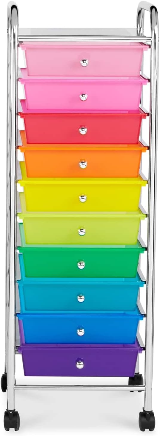 Simply Tidy 10 Drawer Rainbow Rolling Cart - Mobile Organizer with Removable Drawers, Swivel & Locking Casters, Durable Tubular Frame - 1 Set