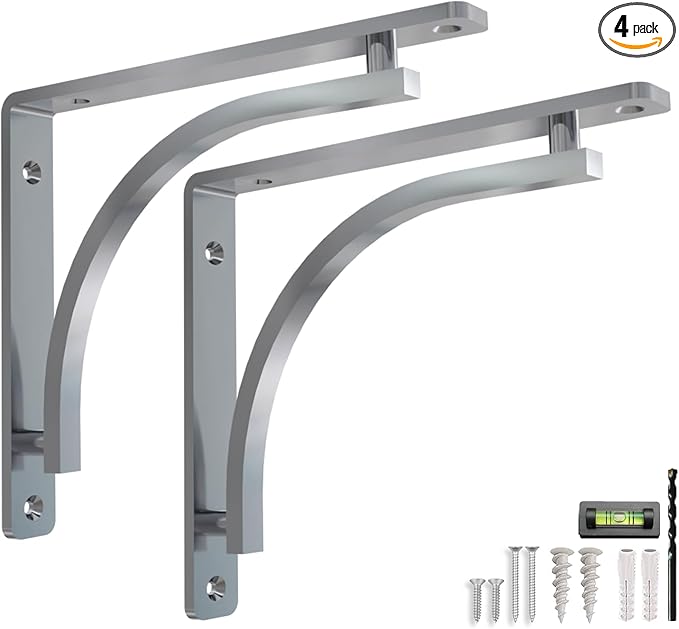 Classic Silver Heavy Duty Shelf Brackets 12 inch by Balin Designs – Chrome L Bracket, Wall Mounted Support, Shelving Metal Bracket, Decorative Shelf Brackets, with Hardware Included, Set of 2