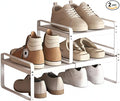 Expandable 1-Tier Metal Shoe Rack (H:7"), Adjustable Width 14.9"-23.6", Heavy-Duty Stackable Free-Standing Shoe Shelf for Closet & Entryway – 2-Pack Set