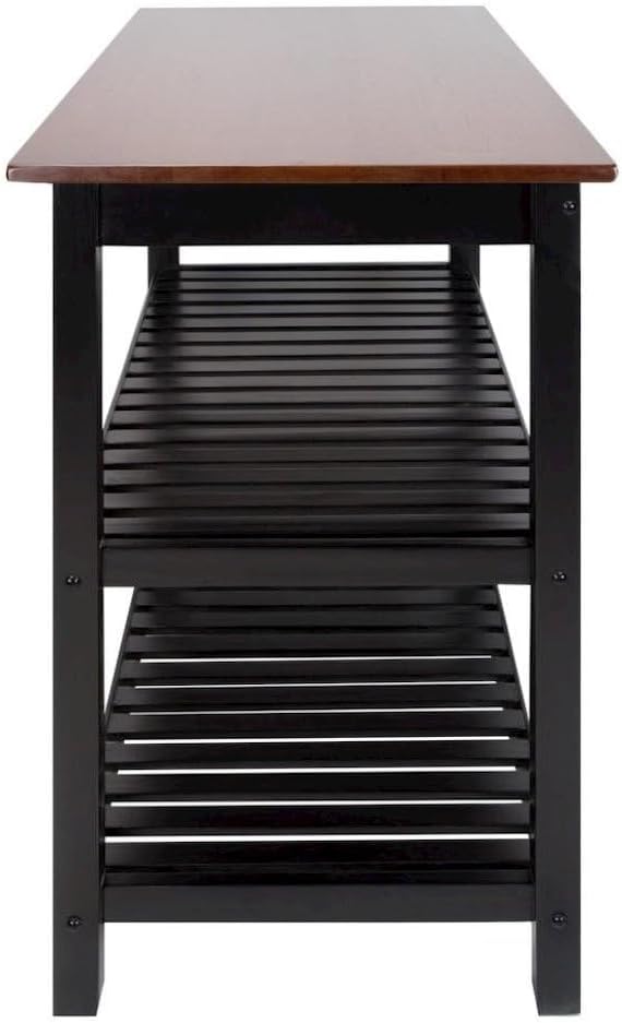 Furnifact Solid Wood Kitchen Island with Drawer, 2 Open Shelves, Black Base and Walnut Top, Island Table for Kitchen Storage and Food Prep
