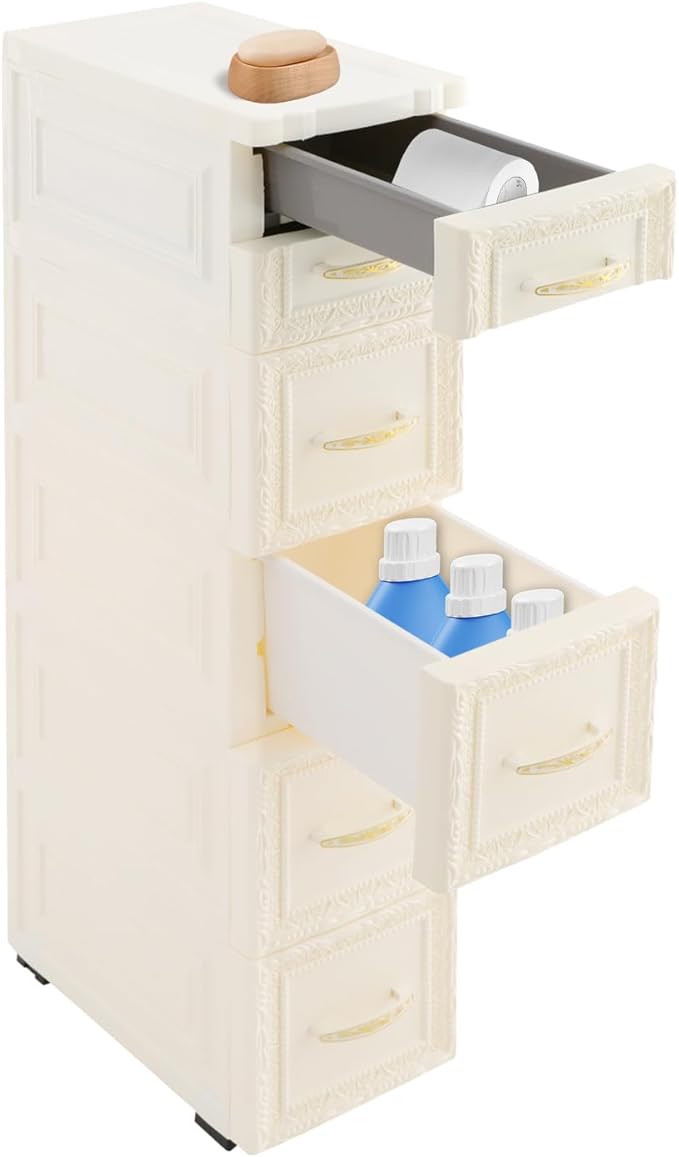 Storage Cabinet, 6 Drawers Narrow Plastic Organizer Cabinet with Wheels, Vertical Drawer Storage Unit, Mobile Slim Utility Furniture for Office, Living Room, Bedroom, Garage (White)