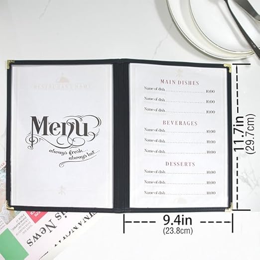 25 Pack Goodsmart Cafe Style Restaurant Menu Cover, 8.5x11 Side-Loading Double Stitched Edge Menu Sleeve, Crystal Clear Vinyl Menu Holder with Gold Decorative Corners (Black, 2 Pages / 4 Views)