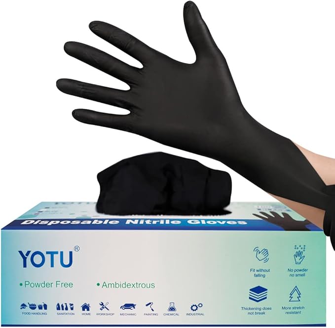 YOTU Black Disposable Nitrile Latex & Powder Free 6-Mil Gloves 100 Count, Textured, Mechanic Wearing, Cleaning, Food Black Medium