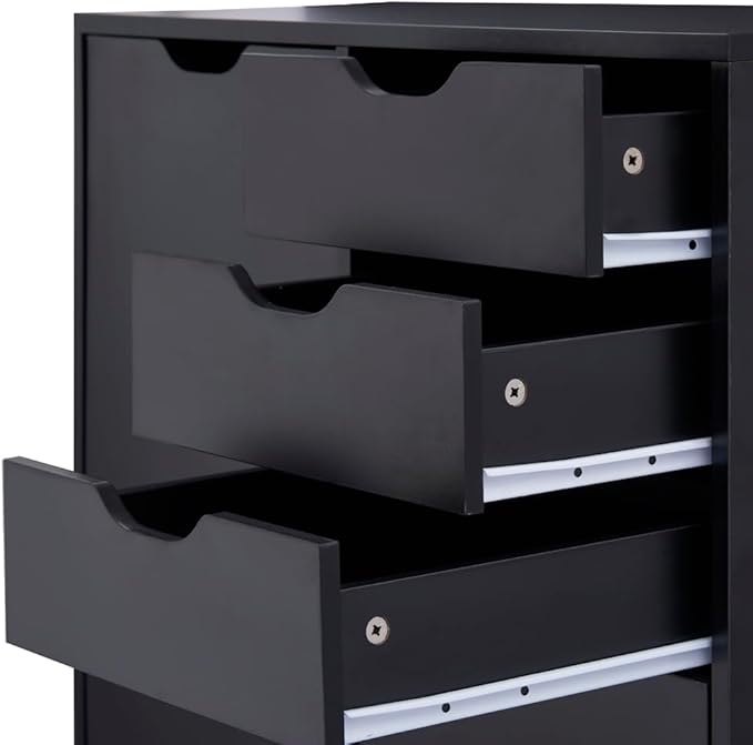 Naomi Home Wooden 5 Drawer Dresser with Cabinet Shelves and Wheels, Drawer Dresser for Bedroom Closet and Dressing Room Storage in Black