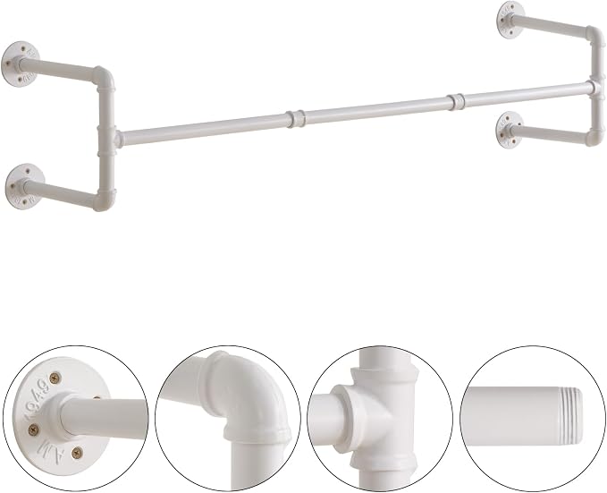 IBUYKE Industrial Pipe Clothes Rack Set of 2, 50 Inch Wall Mounted Clothing Rack, Space-Saving Hanging Closet Rod, Heavy Duty Multi-Purpose Garment Rack for Laundry Room(4 Bases), White TYJ002W-2