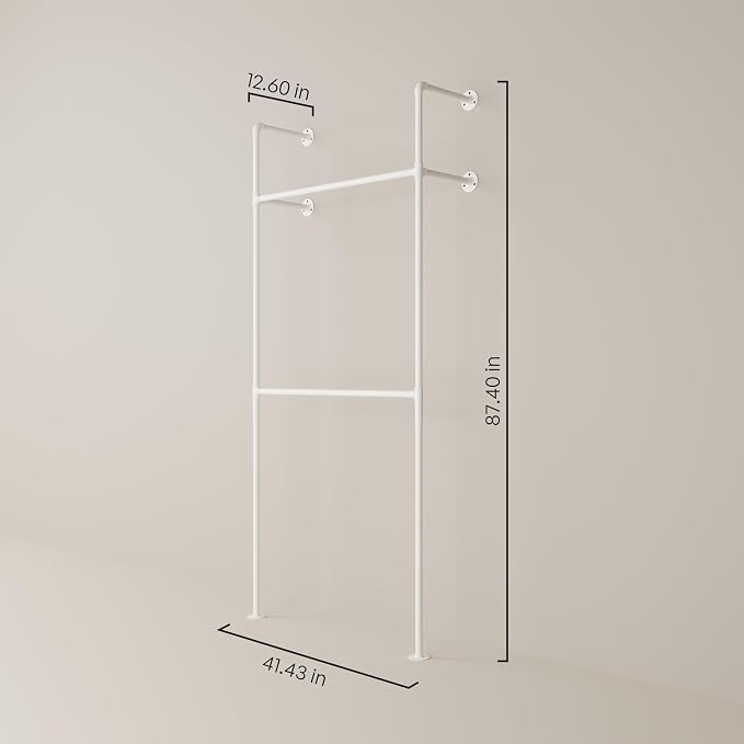 pamo Industrial Clothing Rack Wall Mounted White – 41" W × 87" H, 441 lbs | Heavy Duty Pipe Closet System in White Powder Coated Steel, Scratch-Resistant, Double Rod, Easy Assembly, Closet Organizer