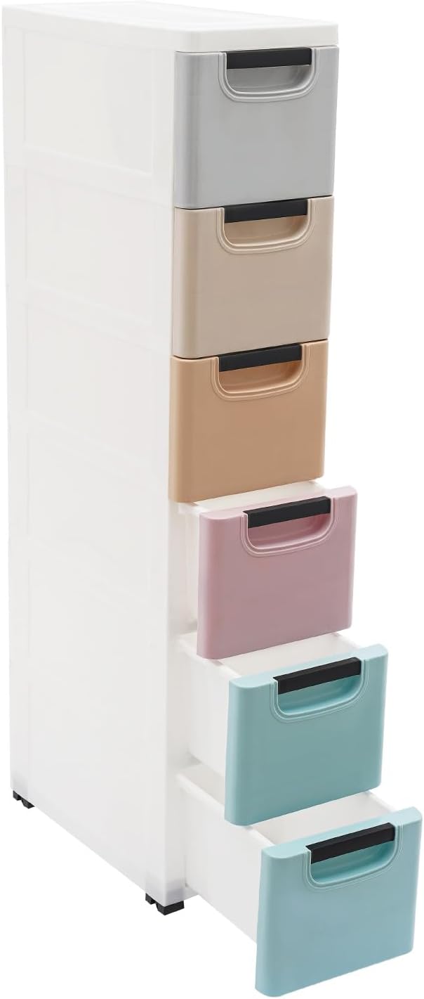 6 Drawers Narrow Storage Cabinet, Stackable Plastic Storage Tower Slim Utility Organizer for Kitchen Bathroom Living Room Office (Multicolor)