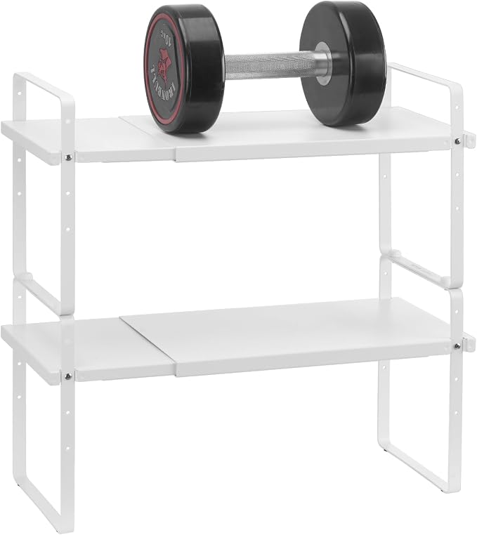 VEVOR Adjustable Kitchen Cabinet Shelf Organizer, Expandable 2 Tier Cabinet Shelf, Stackable Countertop Organizers and Storage Risers, Pantry for Kitchen Bathroom Office, White