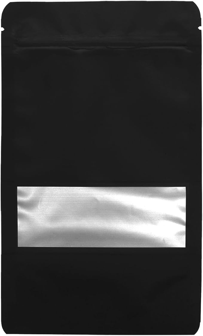 100PCS Foil Pouch Mylar Bags with Clear Window,ULIFESTAR Stand Up Sealable Bags with Tear Notches,Resealable for Food,Party Favors,Gift Packaging and Small Business(12 * 20cm/4.72 * 7.87",Black)